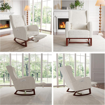 Schommelstoel – Relaxstoel – Schommelstoel Met Voetensteun – Lounge Stoel – Fauteuil – Linnen-Katoen Bekleding – Stevig Houten Frame – Compact 64x67x99 cm