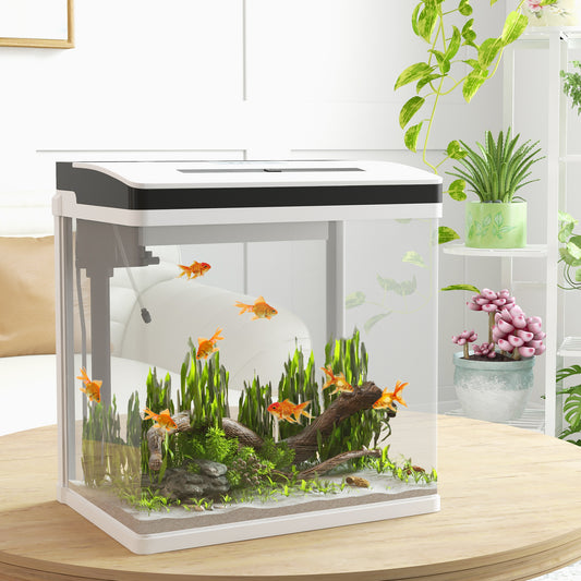 Aquarium – Vissenkom – Visbak – Nano Aquarium – Glas Aquarium – 28 Liter Inhoud – LED-Verlichting en Stil Filter – Met Deksel – Wit