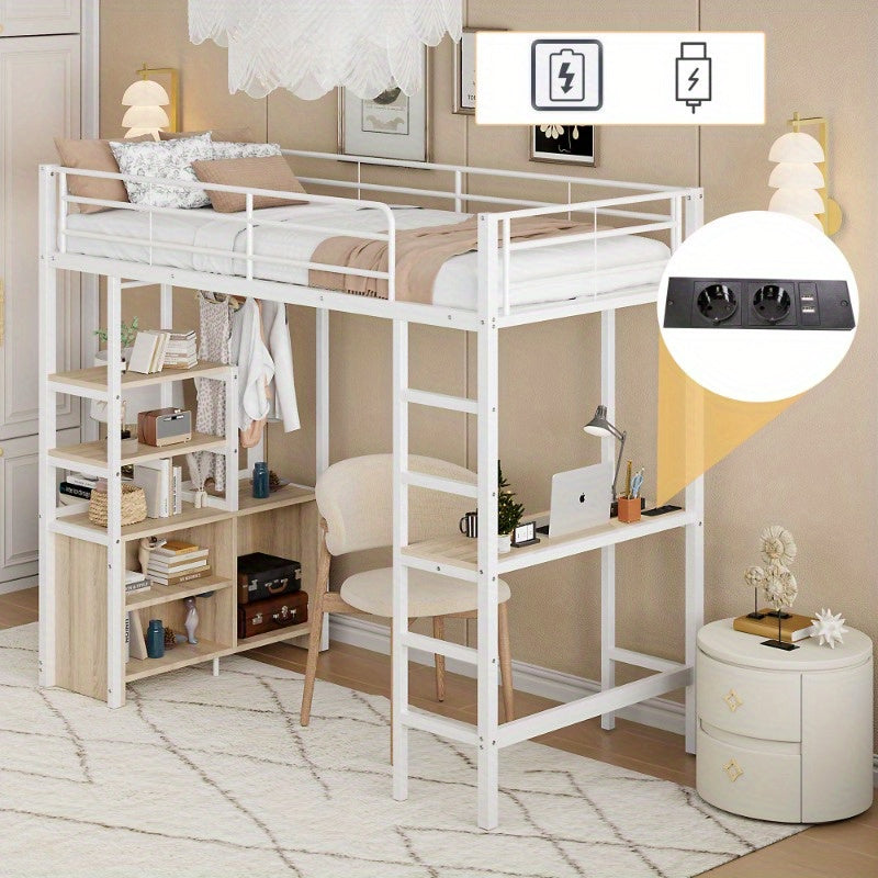Hoogslaper – Kinderhoogslaper – Stapelbed – Eenpersoonsbed – Bedhuisje – Met Bureau – Stevig Metalen Frame – 90x200 cm – Wit