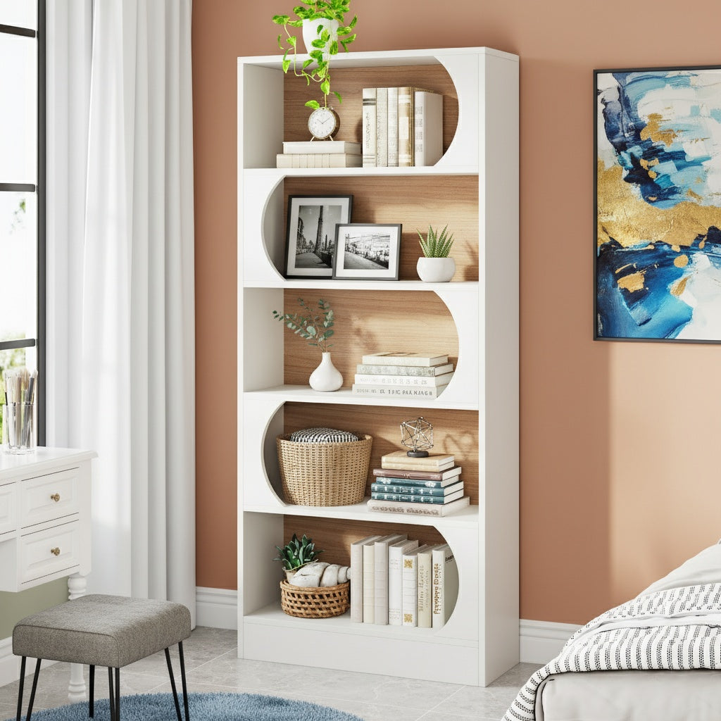 Boekenplank – Boekenkast – Boekrek – Opbergkast – Open Kast – 6-Laags – Wit – Modern Boogontwerp – Stevig Hardhout – Eenvoudige Montage