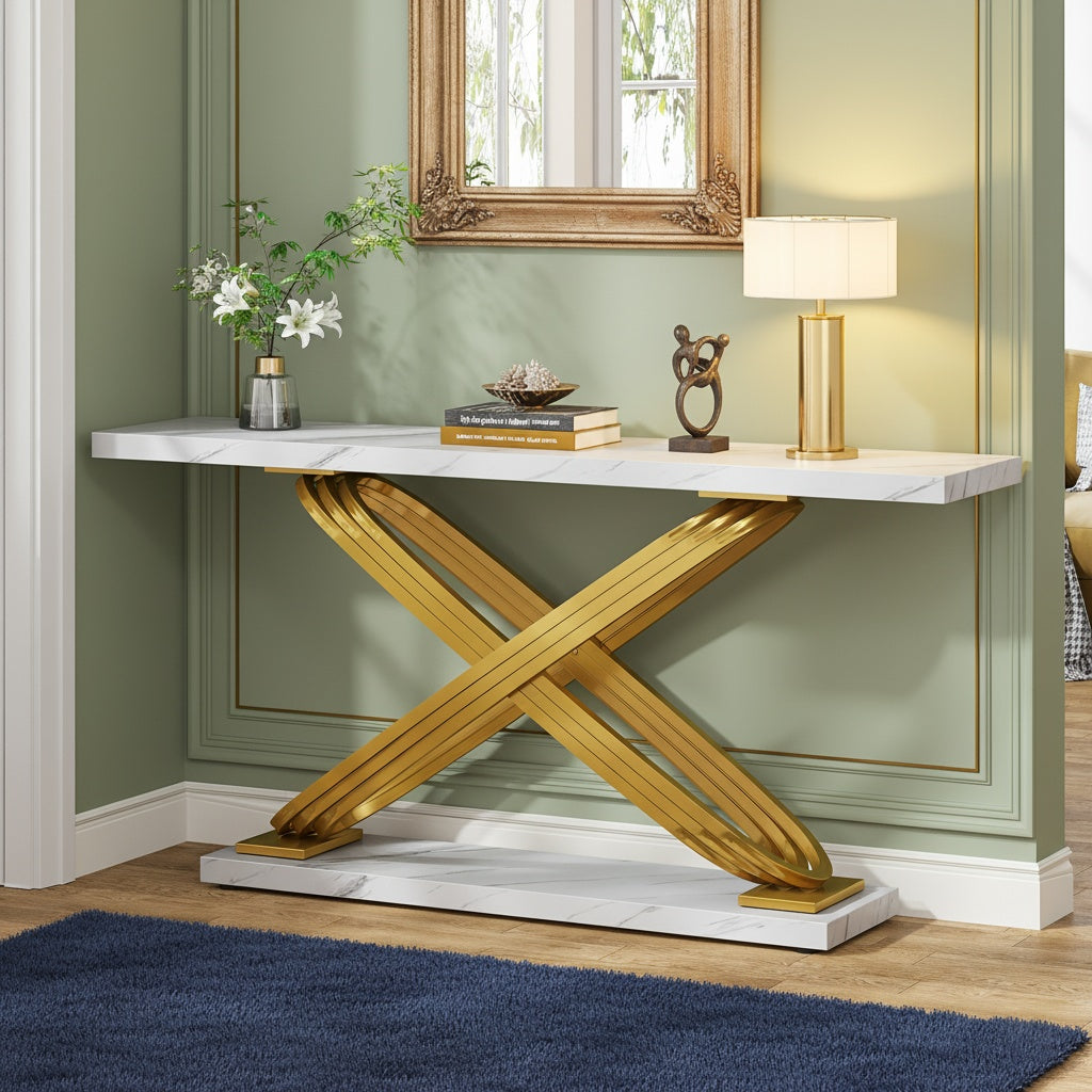 Moderne Sidetable – Console Tafel – Haltafel – Sofa Tafel – Smalle Tafel – Gouden Metaal Frame – Kunstmarmeren Blad – 139,7 cm – Verstelbare Hoogte