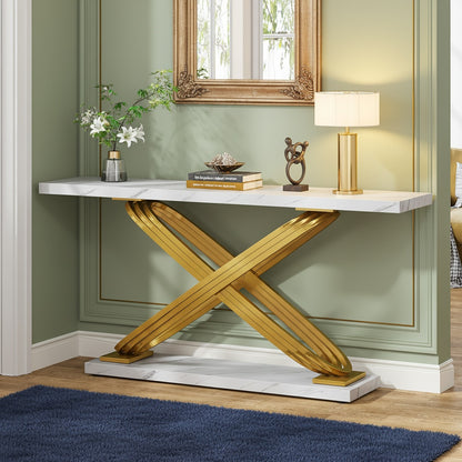 Moderne Sidetable – Console Tafel – Haltafel – Sofa Tafel – Smalle Tafel – Gouden Metaal Frame – Kunstmarmeren Blad – 139,7 cm – Verstelbare Hoogte