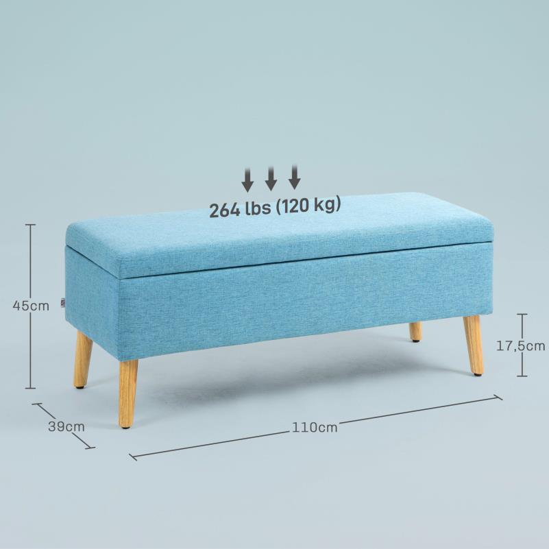 Opbergbank – Opbergbox – Zitbank – Opbergkist – Bankje – Blauw Gestoffeerde Opbergbank – Linnenlook Polyester – Stevige Rubberwood Poten – 110x39x45 cm – Verborgen Opbergruimte