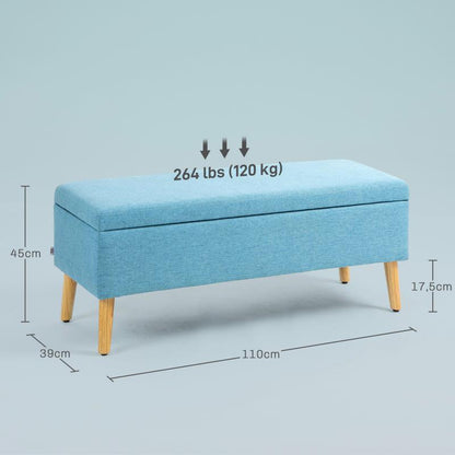 Opbergbank – Opbergbox – Zitbank – Opbergkist – Bankje – Blauw Gestoffeerde Opbergbank – Linnenlook Polyester – Stevige Rubberwood Poten – 110x39x45 cm – Verborgen Opbergruimte