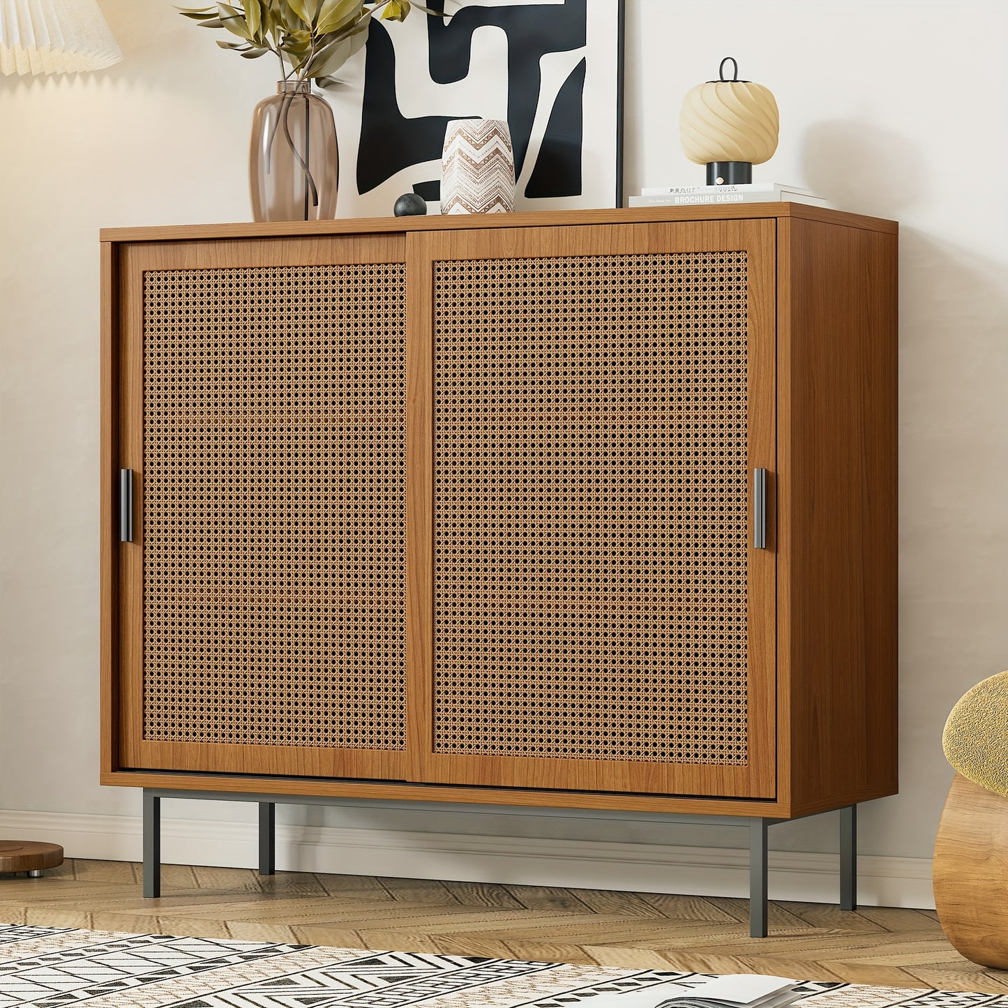 Rustic Modern Sideboard with 2 Sliding Doors, Adjustable Shelves & Drawer Storage - Freestanding Floor Cabinet for Living Room & Dining Room, 100x90x37cm
