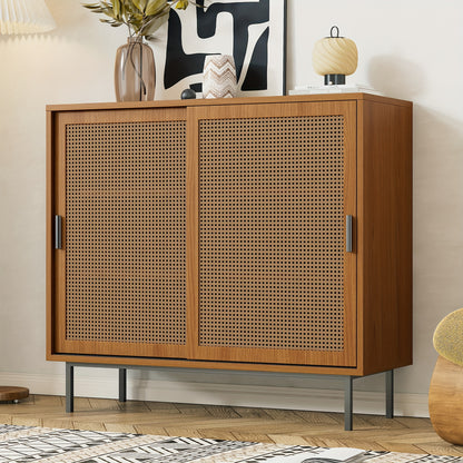 Rustic Modern Sideboard with 2 Sliding Doors, Adjustable Shelves & Drawer Storage - Freestanding Floor Cabinet for Living Room & Dining Room, 100x90x37cm