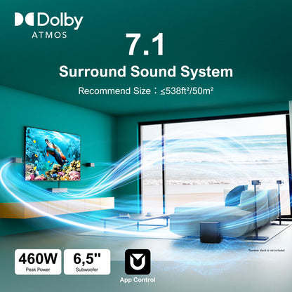 Home Cinema Set – Thuisbioscoop Systeem – Surround Geluidssysteem – Draadloos Speakersysteem – Soundbar Set – 7.1 Dolby Atmos – 6,5 Inch Draadloze Subwoofer – 460W Krachtig Geluid