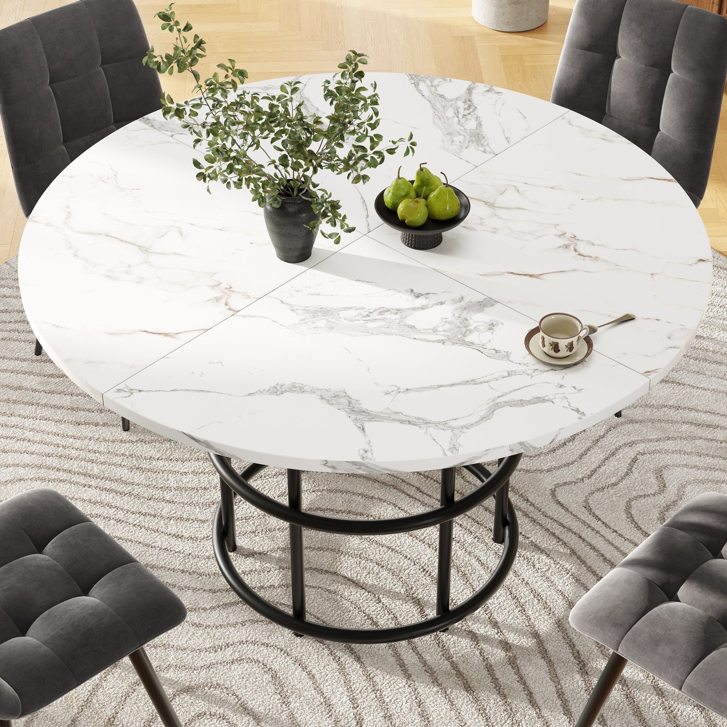 Ronde Eettafel – Eettafel Rond – Keukentafel – Tafel Marmerlook – Eettafel Metaal Zwart – 100 cm Diameter – Verstelbare Poten