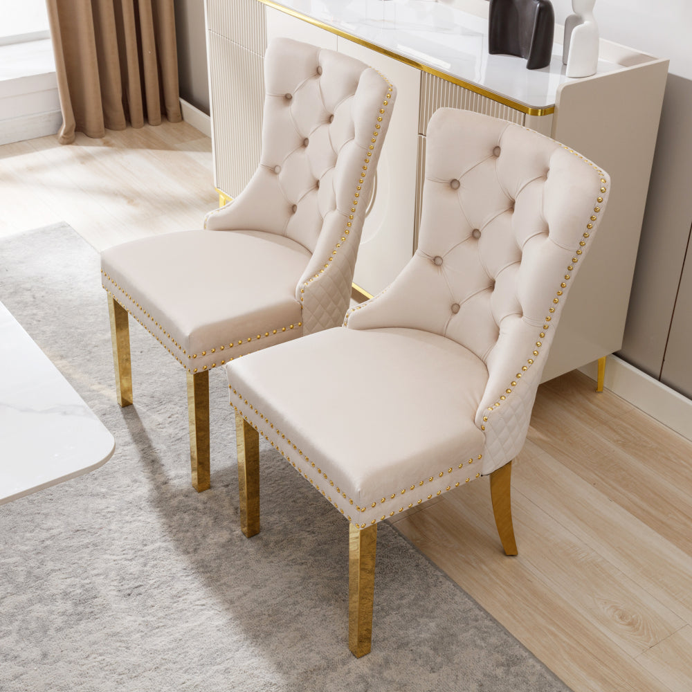 Eetkamerstoelen – Stoelen – Kuipstoelen – Keukenstoelen – Dining Chairs – Set van 2 – Beige Velvet Bekleding – Gouden Metalen Poten met Nagelrand