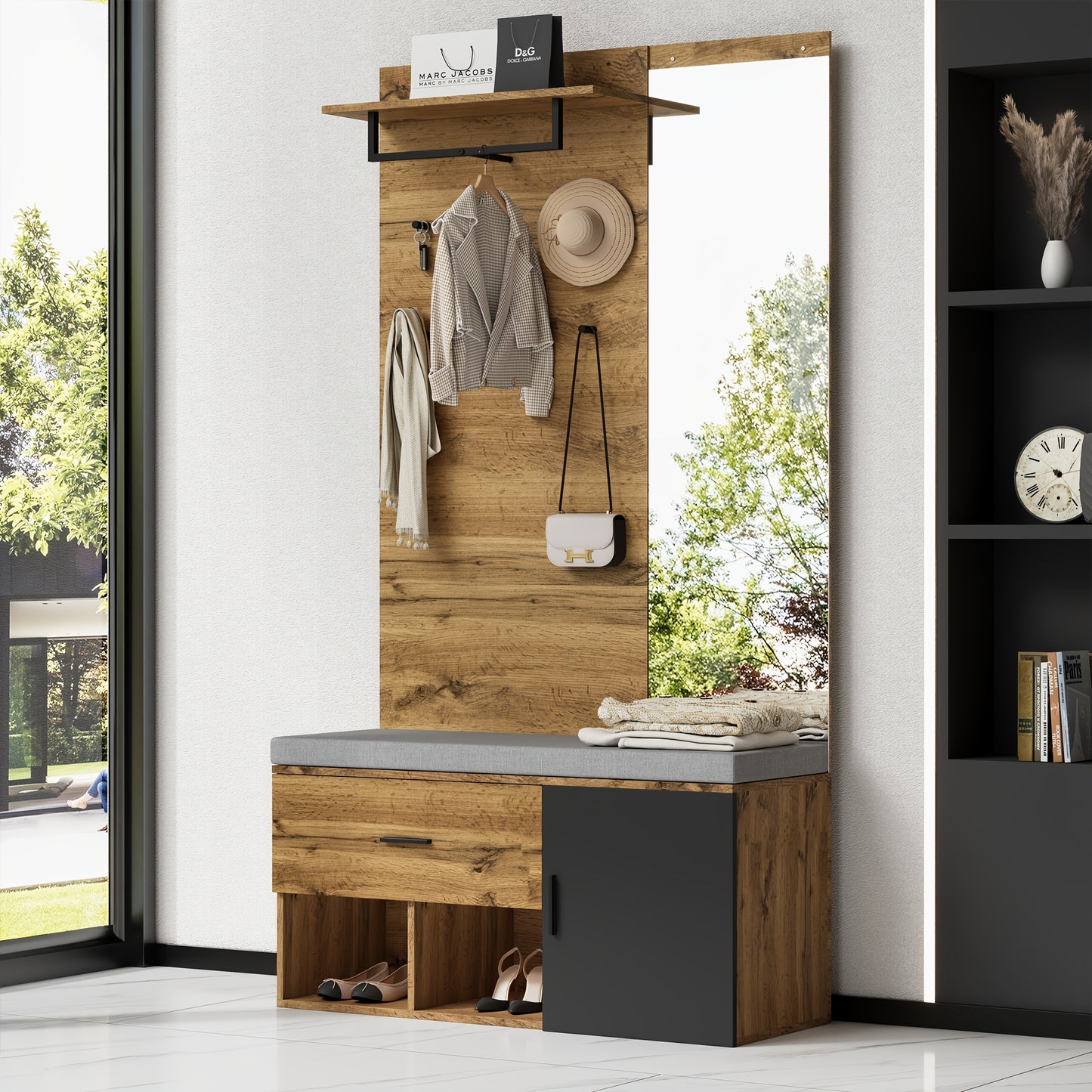 Houten Meubelset Hal – Kledingkast – Schoenenbank – Spiegel – Opbergkast – Hardhout Particleboard – Functioneel Zonder Stroom – Ruimtebesparend Design