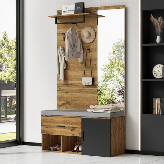 Houten Meubelset Hal – Kledingkast – Schoenenbank – Spiegel – Opbergkast – Hardhout Particleboard – Functioneel Zonder Stroom – Ruimtebesparend Design