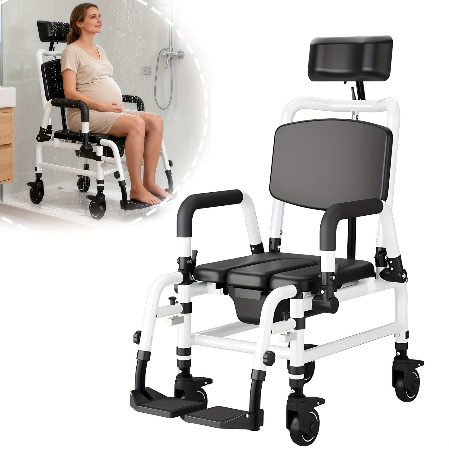 Douchestoel – Douchestoel Met Wielen – Douchekruk – Mobiele Douchestoel – Recliner Douchestoel – Aluminium Frame – Verstelbare Rugleuning & Hoofdsteun – Zwart