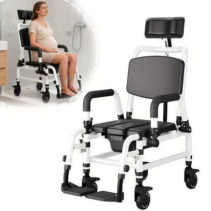 Douchestoel – Douchestoel Met Wielen – Douchekruk – Mobiele Douchestoel – Recliner Douchestoel – Aluminium Frame – Verstelbare Rugleuning & Hoofdsteun – Zwart