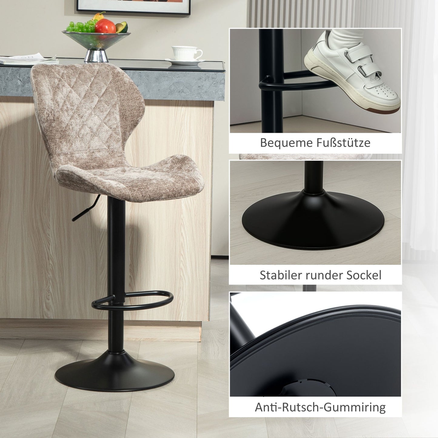 Barkrukken – Barstoelen – Keukenkrukken – Stoelen – Krukjes – Verstelbare Hoogte – 360° Draaibaar – Chenille Bekleding – Stalen Frame – Bruin – Set 2 Stuks