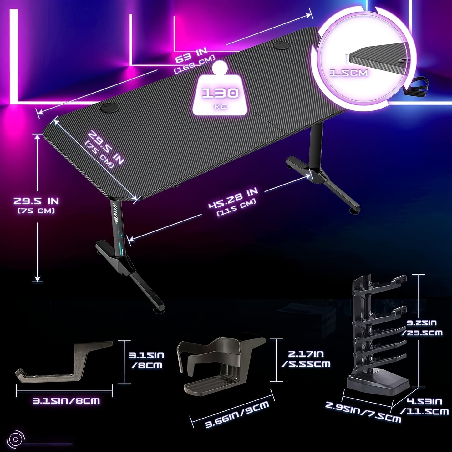 Gaming Bureau – Game Bureau – Gaming Desk – Computerbureau – Werkplek – Ergonomisch Design – Volledig Carbon Fiber Muismatoppervlak – Bekerhouder en Headset Haak – Zwart Met Blauwe Accenten – 160x75x75 cm