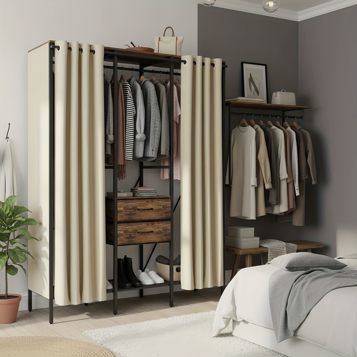 Heavy Duty Kledingrek – Kledingstandaard – Garderoberek – Kledingwagen – Kast Organizer – Met Stofbestendige Gordijn En Laden – Industrieel Design 149,5x50x214 cm