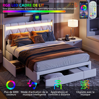 Gestoffeerd Tweepersoonsbed – Bedframe – Ledikant – Bed Met Opberglades – Slaapbed – 140x200 cm – LED Verlichting – USB Oplaadpoort