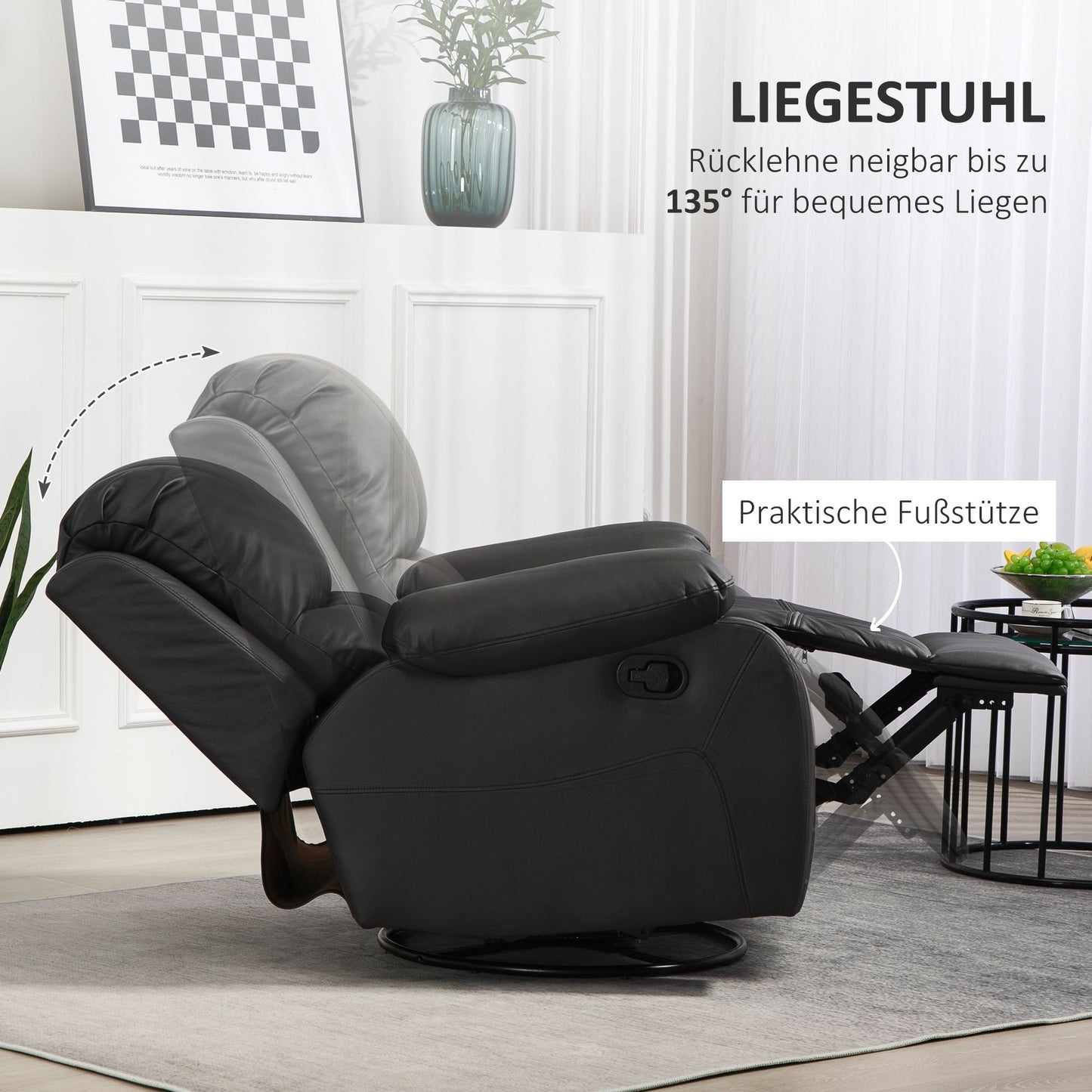 Relaxstoel – Verstelbare Fauteuil – Recliner – Draaistoel – Zitstoel – 360° Draaibaar – Stevig Stalen Frame Tot 150 Kg – Zwart Design 93x100x98 cm
