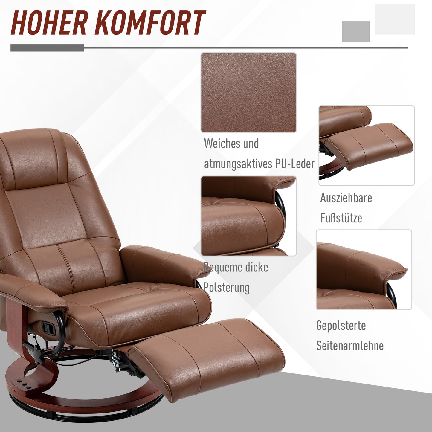 Bruine Draaifauteuil – Relaxfauteuil – Loungestoel – Recliner – Fauteuil – Verstelbare Rugleuning 145° – In Hoogte Verstelbare Voetensteun