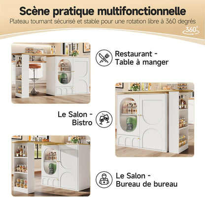 Barkruktafel – Bartafel – Bistrotafel – Statafel – Keukentafel – 360° Draaibaar – Hoog 138x39x102 cm – Wit met Walnoot – Drie Deuren met Opbergruimte – Verwijderbare Tussenwanden
