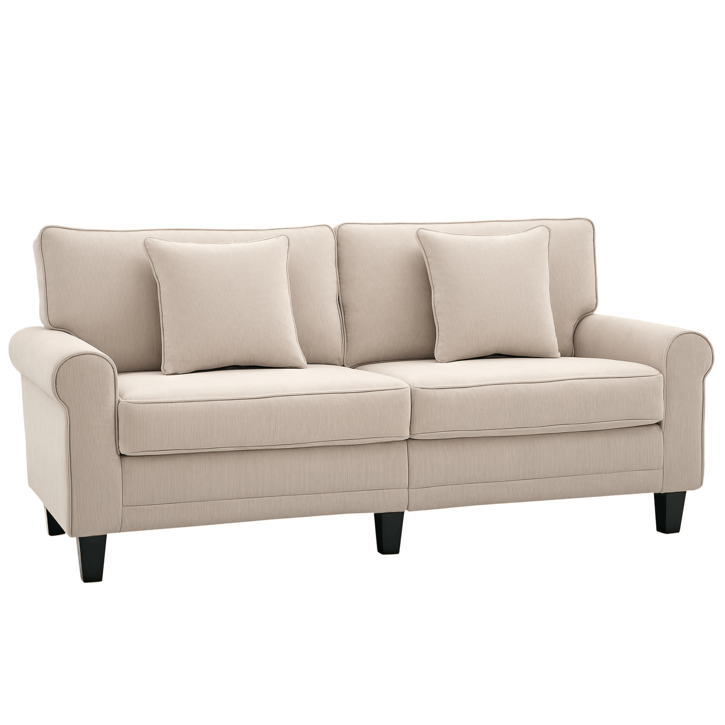 Bankstel – 3-zitsbank – Sofa – Slaapbank – Zithoek – Beige Ribfluweel – Hoogwaardig Zitcomfort 197 cm – Massief Dennehouten Poten – Inclusief 2 Sierkussens