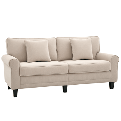 Bankstel – 3-zitsbank – Sofa – Slaapbank – Zithoek – Beige Ribfluweel – Hoogwaardig Zitcomfort 197 cm – Massief Dennehouten Poten – Inclusief 2 Sierkussens