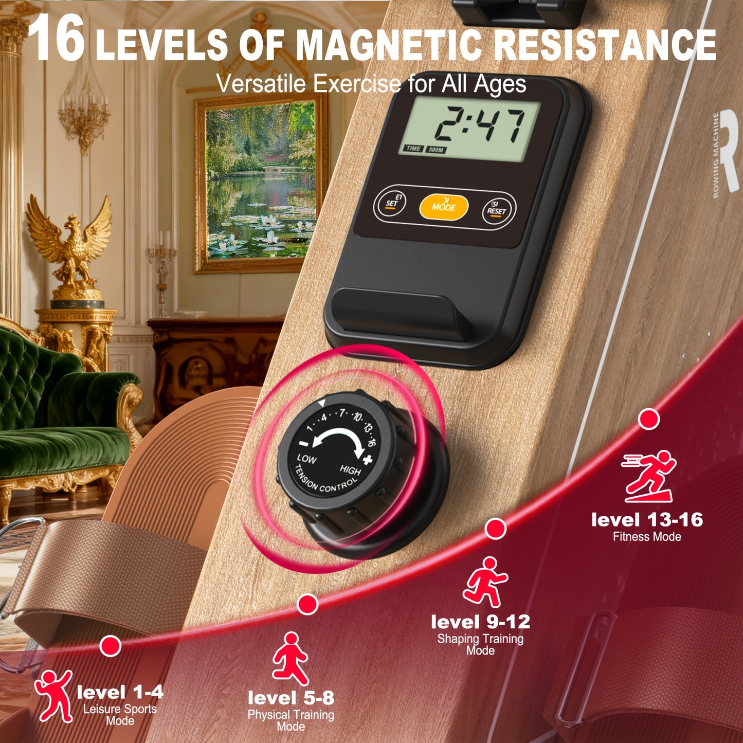 VOWVIT Magnetic Rowing Machine for Home with Wireless Monitor, Compatible for Kinomap & Fitswear App Sync, 16-Resistant Levels, Quiet Operation, Compact Vertical Storage Rowing Machine with Weight Capacity, Suitable for