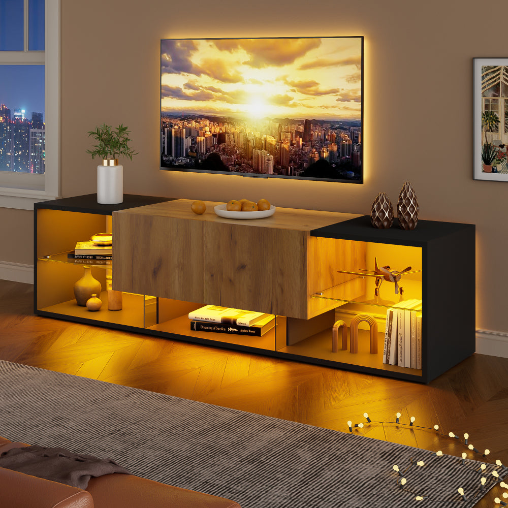Three-tier TV Stand | Suitable for TVs up to 177.8 cm, Modern Style, Glass Top Storage Platform, Two Drawers, Ideal for Living Rooms and Bedrooms, Black, Metal Material