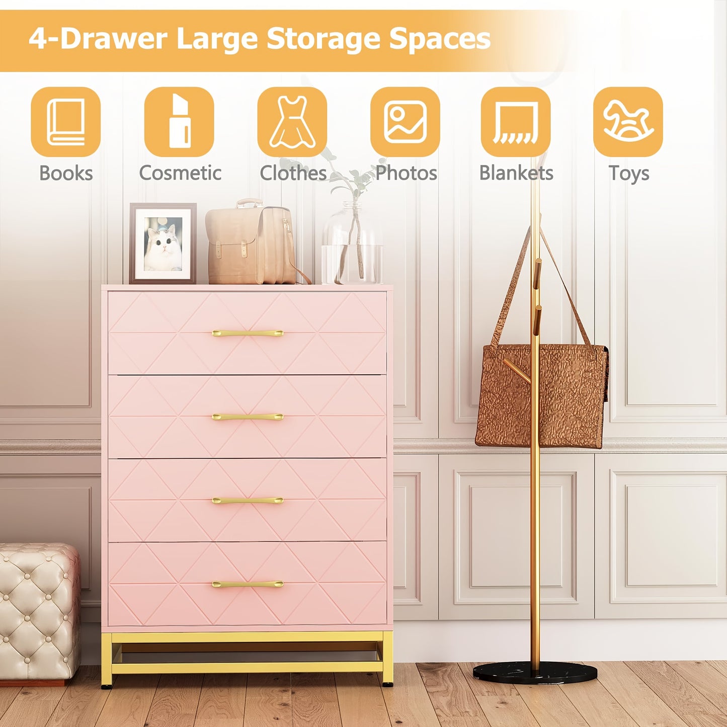 Ladekast – Dresser – Kast – Opbergkast – Ladekastje – Roze met Gouden Accenten – 3,2+ Kubieke Voet Opbergruimte – 68,5 cm Hoog – 2 Laden en 2 Planken – Stevig en Duurzaam – Eenvoudig Zelf Te Monteren