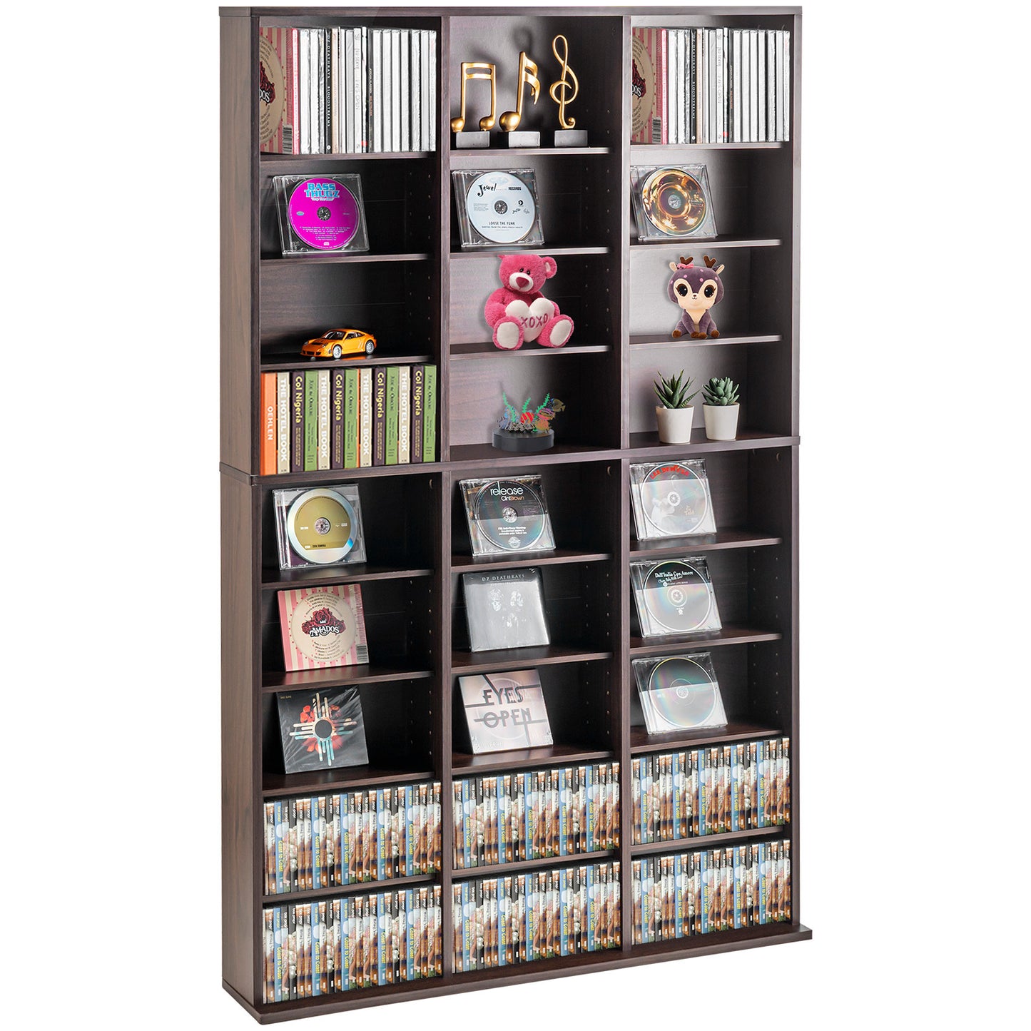 Media Opbergkast – DVD Rek – Cd Kast – Boekenkast – Media Rek – Verstelbare Planken – Stevige Metalen Constructie – 9 Lagen – Geschikt Voor 756 Cd’s – Espresso