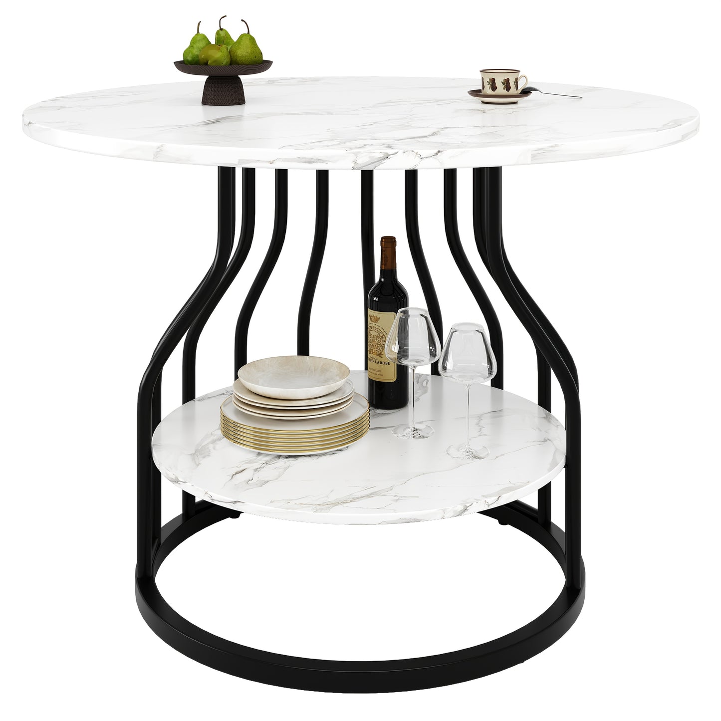 Contemporary Black Metal Dining Table with Storage Dome, 80x80x76cm - Round Kitchen & Coffee Table for 4, MDF Marble Top, Elegant Design for Living Room or Dining Room, Dining Table Decor, Sleek Table Base, Smooth Surface