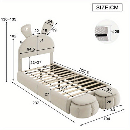 Eenpersoonsbed – Slaapbed – Bedframe – Kinderbed – Stapelbed – Beige Stoffen Bekleding – Verstelbare Warmlichtstrips – Inclusief 2 Opberghockers – 90x200 cm