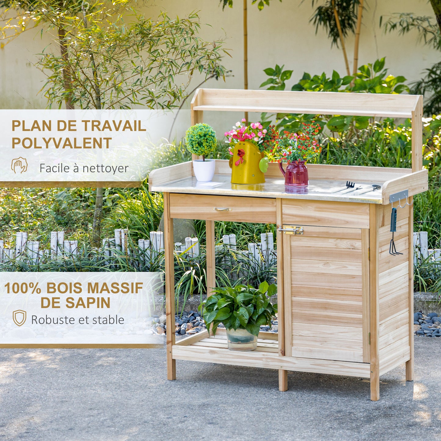 Tuinwerktafel – Tuinbankje – Werkbank – Plantentafel – Vurenhouten Tuinmeubel – Verzinkt Stalen Werkblad Met Rand – Opbergruimte Met Lade En Kastje