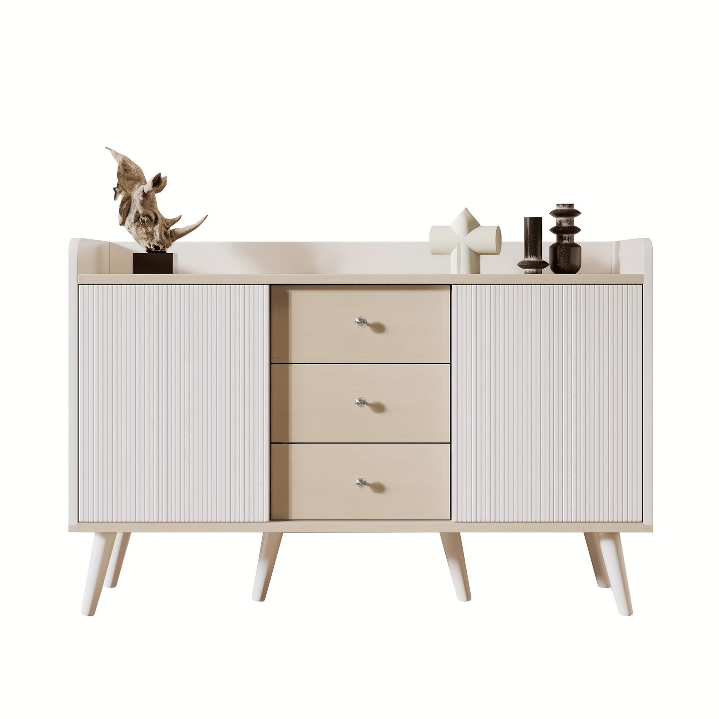 Modern Metal Sideboard Cabinet - Beige/White Storage Organizer with 3 Drawers, Minimalist Living Room & Bedroom Furniture, No Assembly Required, Easy-Clean Surface - Model L117.5cm, Slim Storage Cabinet, Spacesaving Furniture
