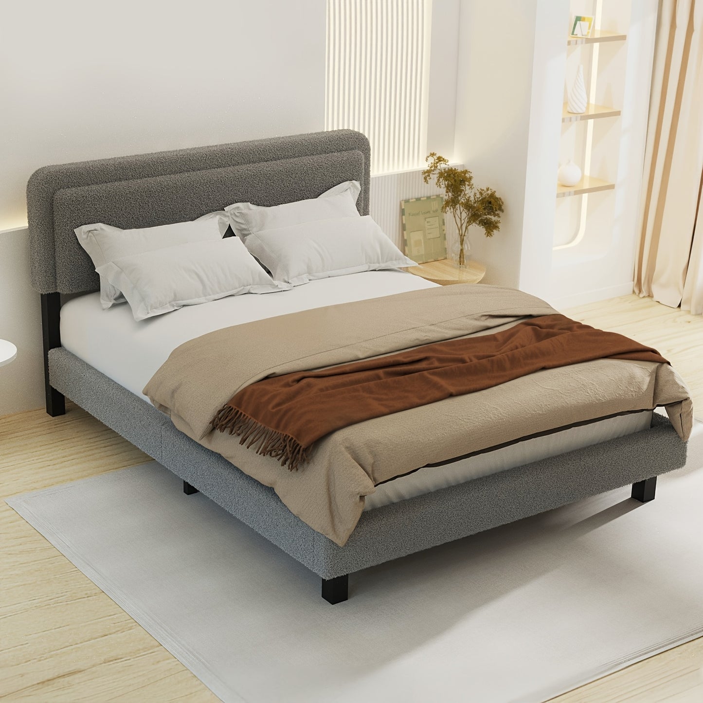 Contemporary Bed Frame with a Gray Sherpa Fleece Headboard, Single Size 90×200Cm, Featuring a Soft Fabric Design And a Detachable Backrest.