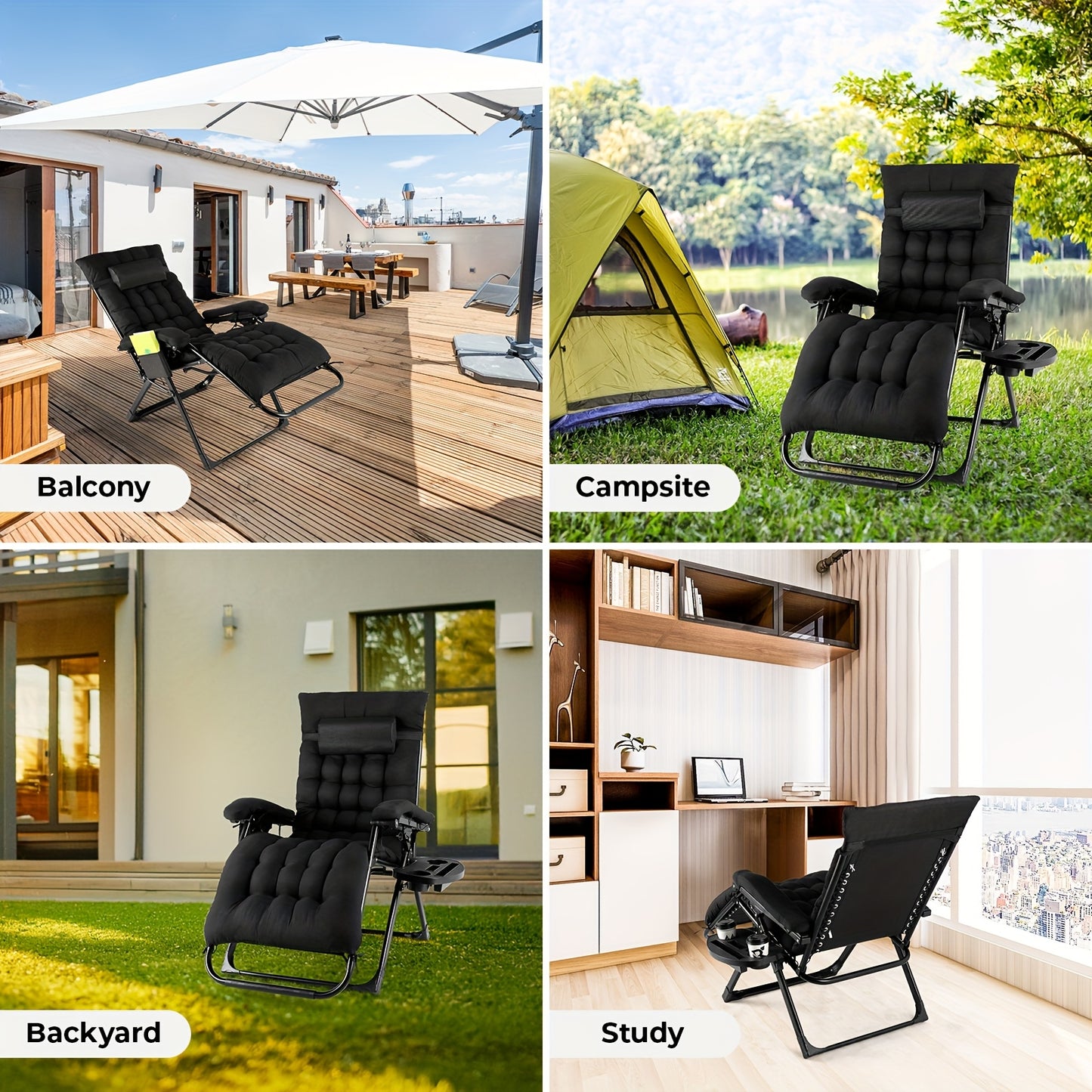 Tuinstoelen – Klapstoelen – Ligstoelen – Loungestoelen – Tuinmeubelen – Inklapbaar – Verstelbare Rugleuning – Extra Groot – Met Afneembare Kussens – Zwart Technologie Stof