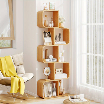 Bamboe Boekenkast – Boekenplank – Wandrek – Opbergkast – Displayrek – 5 Vakken – S-Vormig Design – Compact Hoekmodel