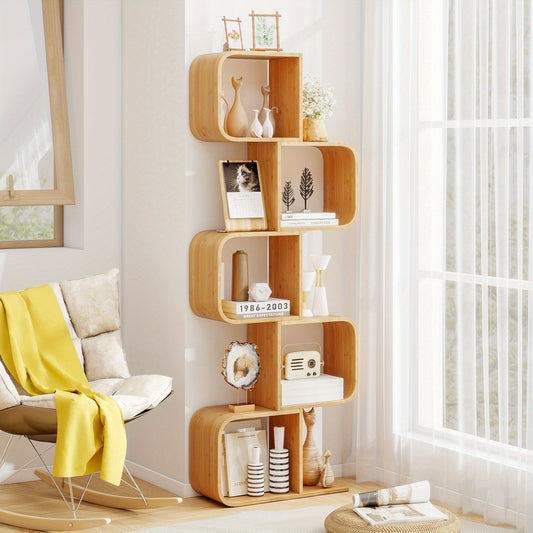 Bamboe Boekenkast – Boekenplank – Wandrek – Opbergkast – Displayrek – 5 Vakken – S-Vormig Design – Compact Hoekmodel