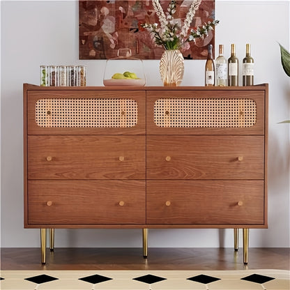 Six-drawer Chest Of Drawers Storage Cabinet with Six Drawers, Rattan Highboard for Bedroom And All Living Spaces, In Walnut, H90/W120/D40cm,  Multidrawer Cabinet, Modern Chest Of Drawers, Minimalist Furniture, Durable Storage