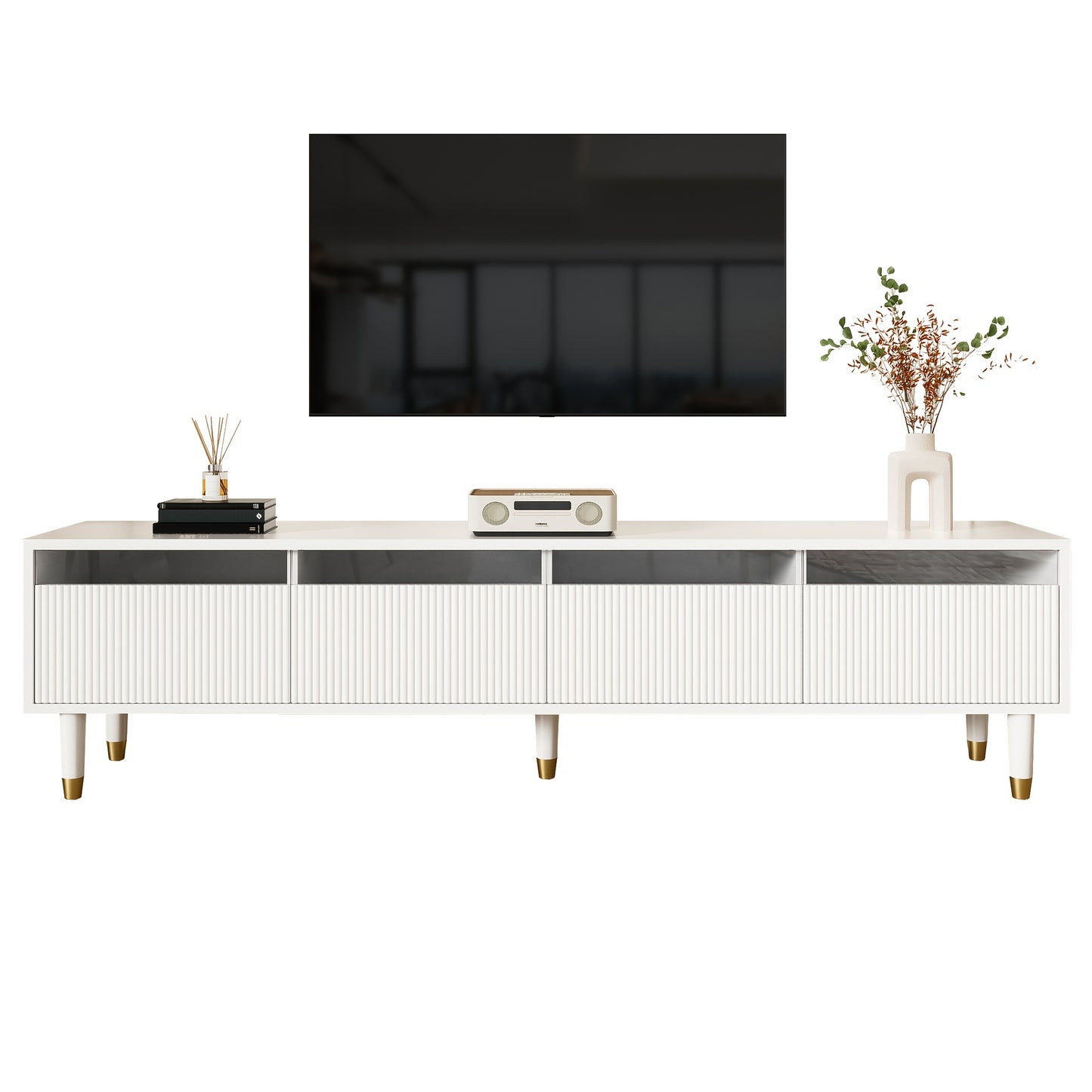 Modern White TV Stand 70-inch Wide (178cm) - Large Media Console with 4-Drawer Storage, MDF & Acrylic, Minimalist Modern Design, Golden-Tone Legs, Heavy-Duty Sturdy Furniture for Large TVs & Living Room Entertainment Center,