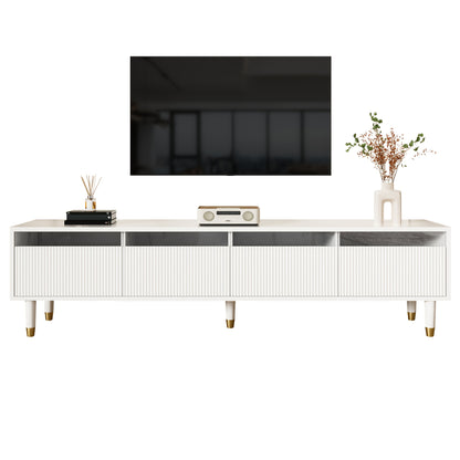 Modern White TV Stand 70-inch Wide (178cm) - Large Media Console with 4-Drawer Storage, MDF & Acrylic, Minimalist Modern Design, Golden-Tone Legs, Heavy-Duty Sturdy Furniture for Large TVs & Living Room Entertainment Center,