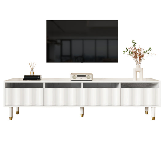 Modern White TV Stand 70-inch Wide (178cm) - Large Media Console with 4-Drawer Storage, MDF & Acrylic, Minimalist Modern Design, Golden-Tone Legs, Heavy-Duty Sturdy Furniture for Large TVs & Living Room Entertainment Center,