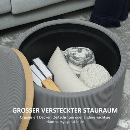 Opbergpoef – Opberghocker – Zitzak – Voetenbank – Poef – Rond – Grijs – Corduroy Stof – Comfortabele Zitplek – Handig Opbergvak