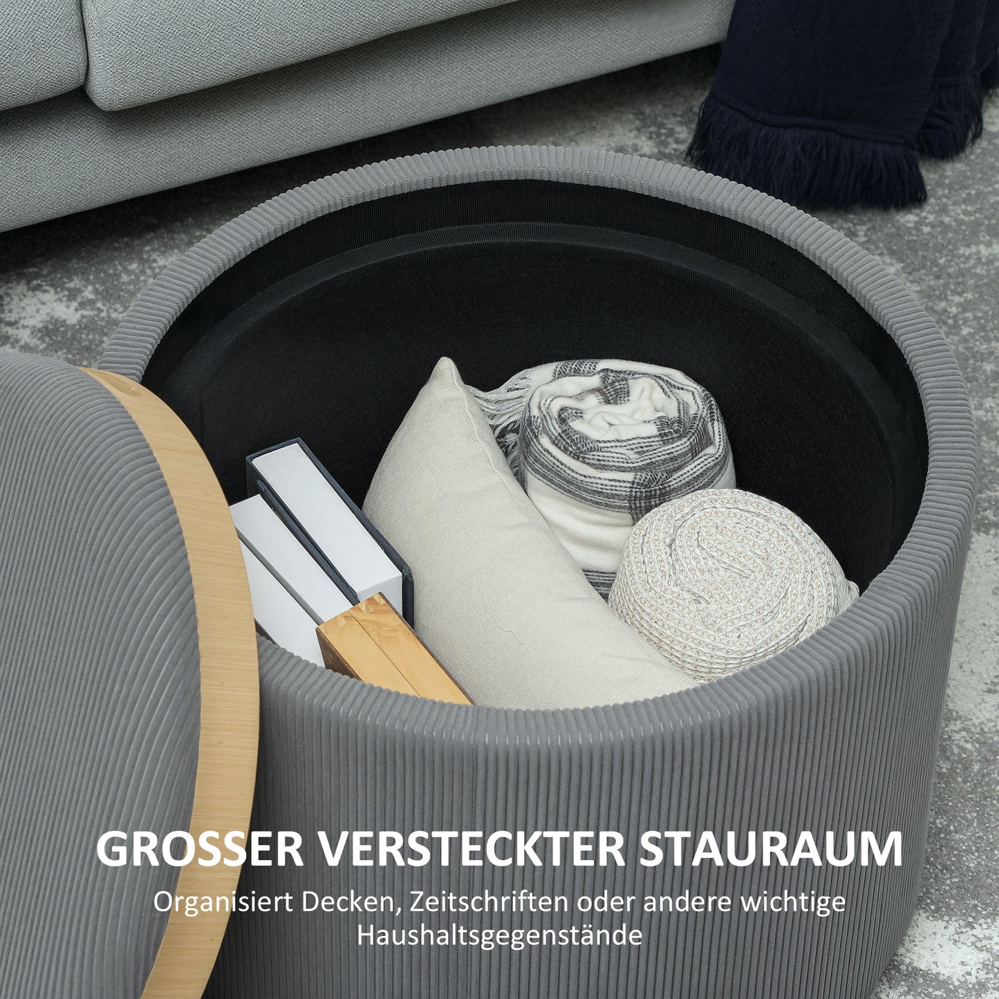 Opbergpoef – Opbergbox – Zitpoef – Poef Met Opbergruimte – Voetenbankje – Grijs Corduroy – Ronde Vorm – Comfortabele Voetensteun