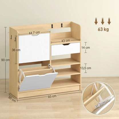 Schoenenkast – Schoenenrek – Schoenopberger – Schoenmeubel – Schoenentoren – Kiepbare Laden – 14 Paar Schoenen – Natuurlijke Houten Look – 4 Haken – Open Planken