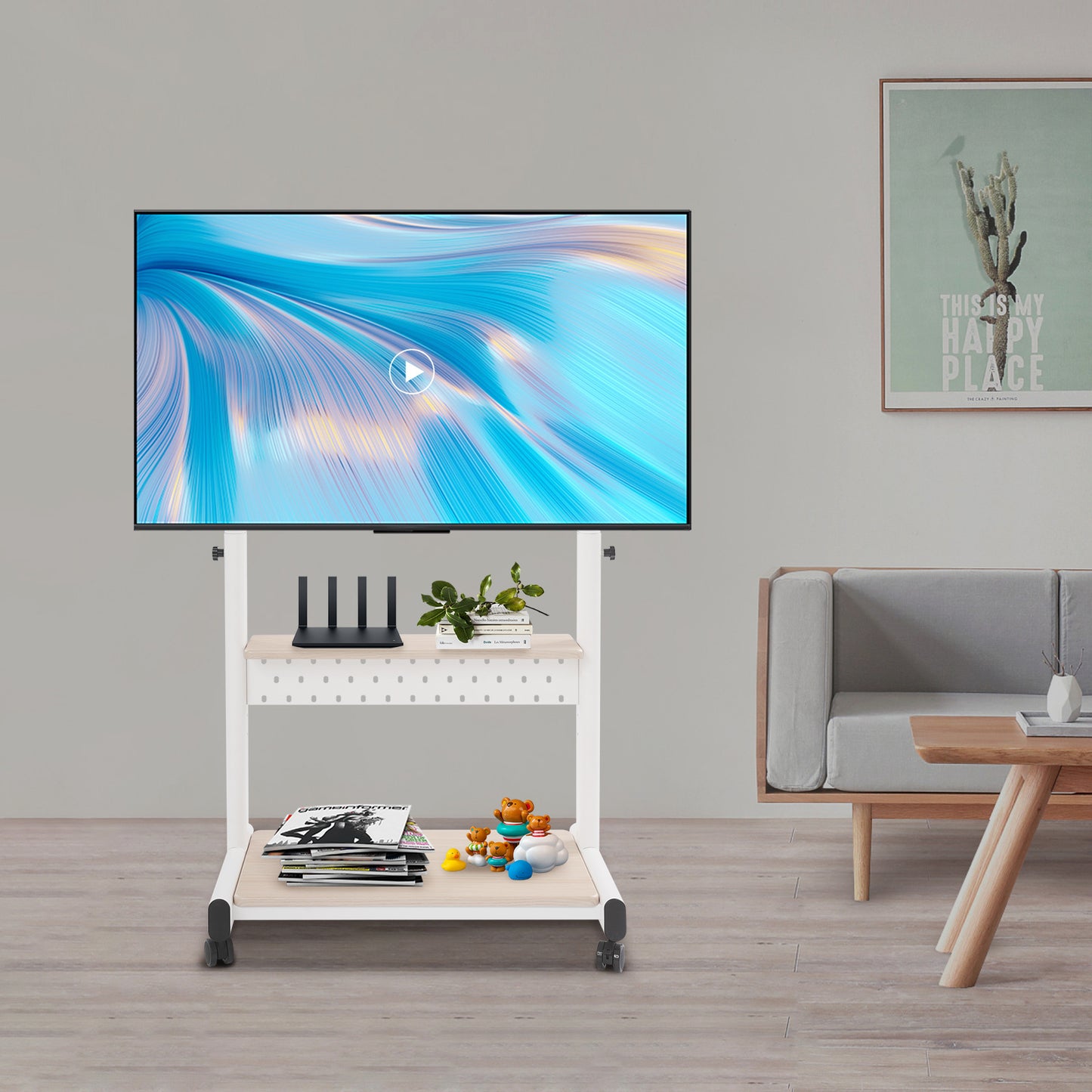 Verstelbare TV-standaard – TV-meubel – TV-console – TV-wagen – TV-trolley – Wit met houtaccent – Verstelbare hoogte 108,5-128,5 cm – Draagkracht tot 100 kg