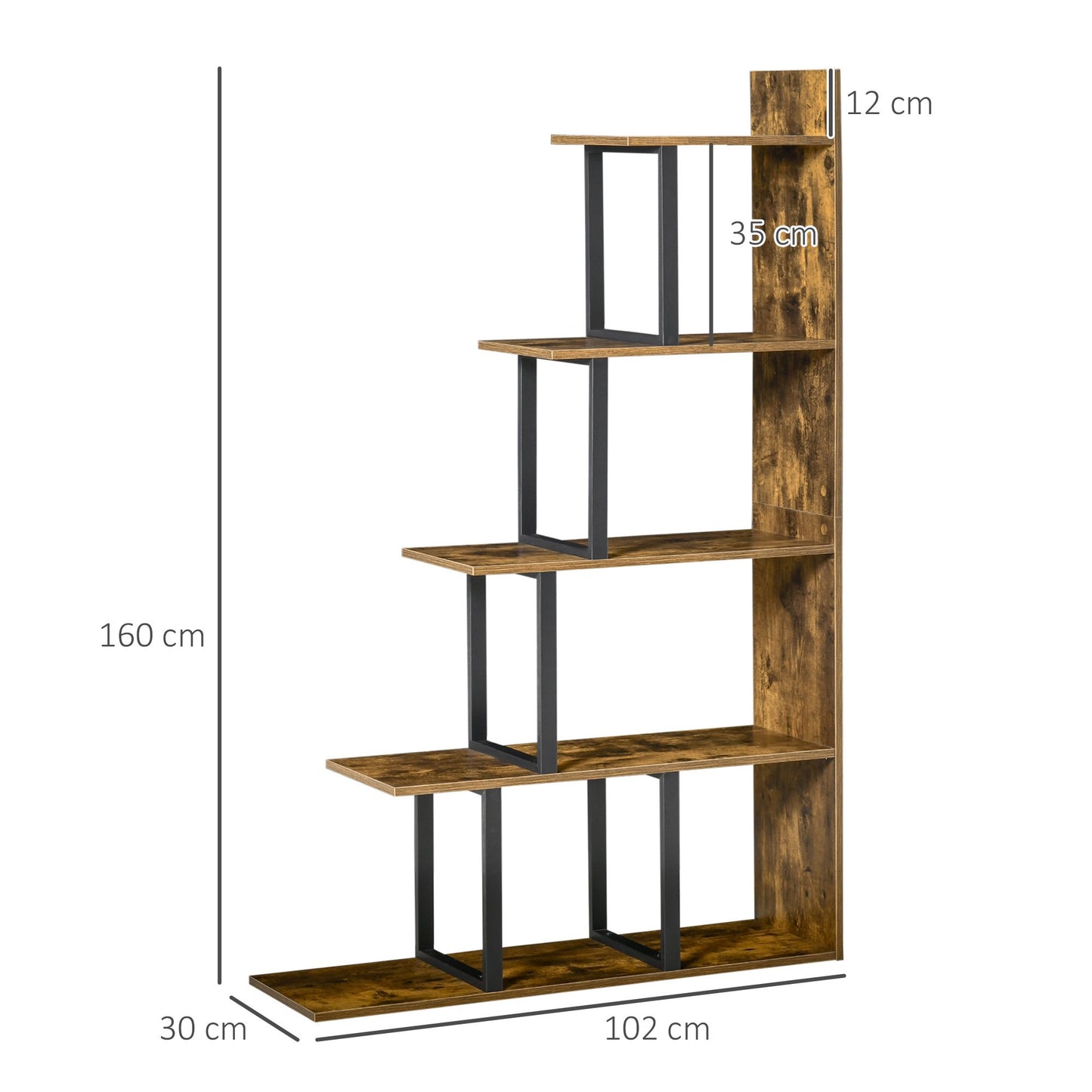 Trapvormige Boekenkast – Boekenkast Industrieel – Open Kasten – Roomdivider – Vakkenkast – Robuust Hout – 5 Niveaus – 102x30x160 cm – Rustieke Bruin
