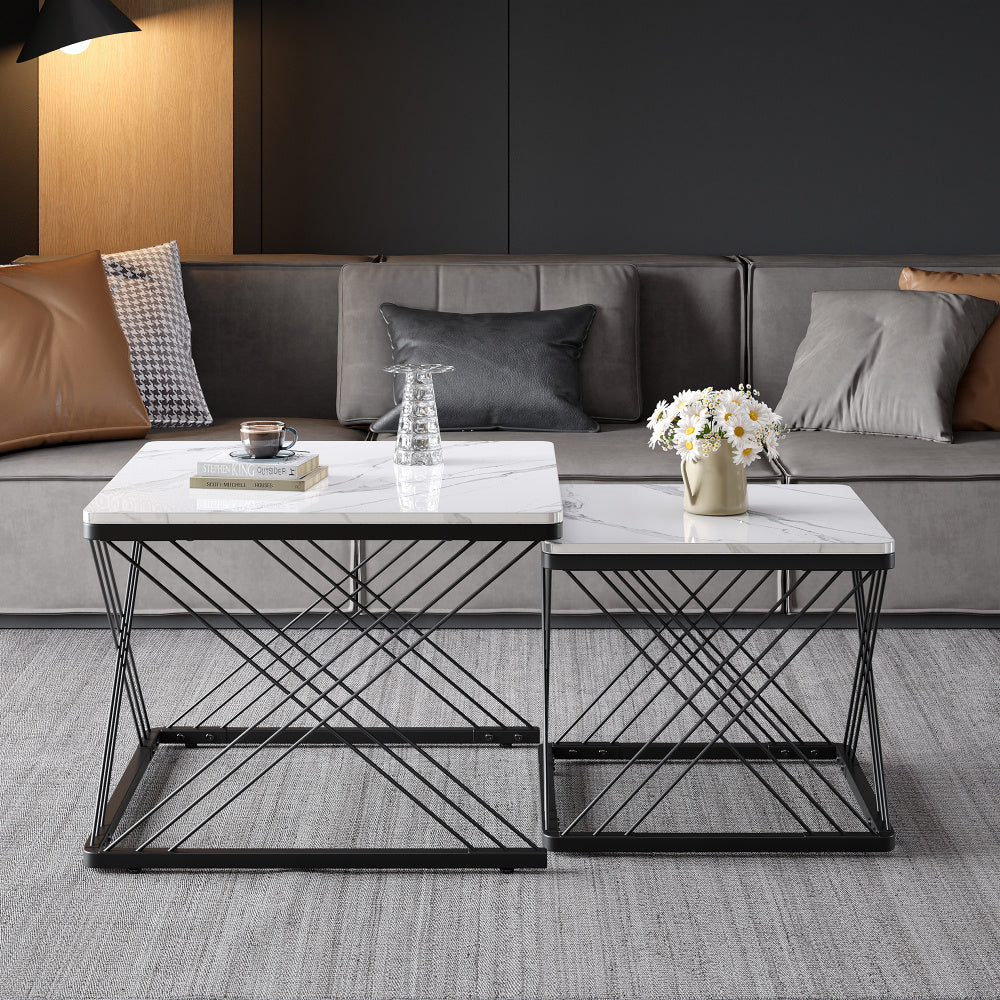 Salontafel – Koffietafel – Bijzettafel – Woonkamertafel – Tafeltje – Set Van 2 – Hoogglans Marmerlook – Verstelbare Pootjes – 60x60x45 & 45x45x40 cm