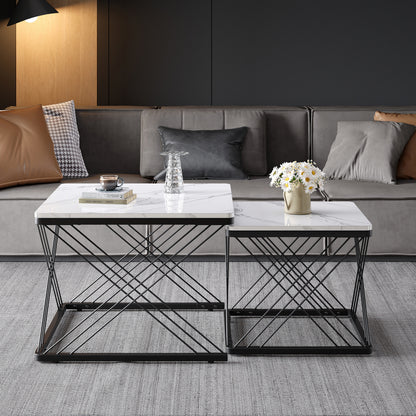 Salontafel – Koffietafel – Bijzettafel – Woonkamertafel – Tafeltje – Set Van 2 – Hoogglans Marmerlook – Verstelbare Pootjes – 60x60x45 & 45x45x40 cm