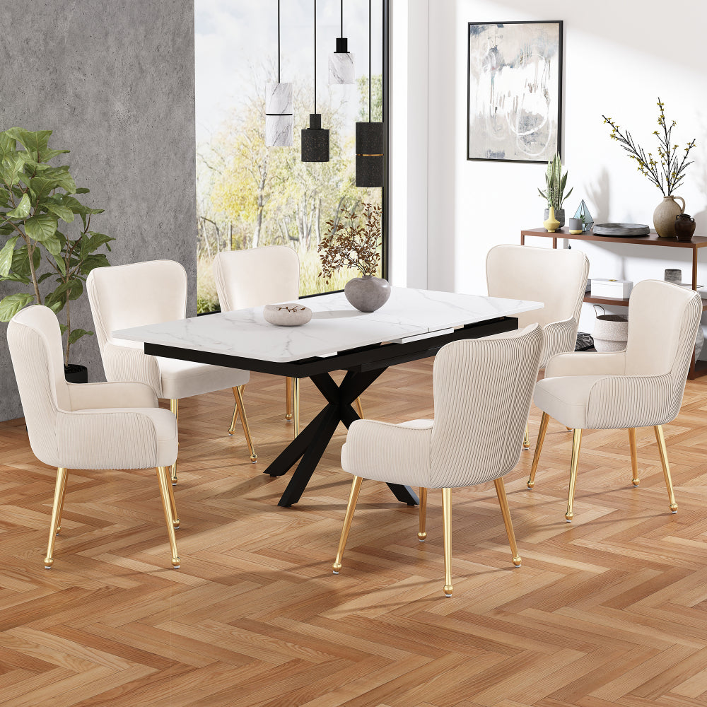 Eetkamerstoel – Velvet Stoel – Kuipstoel – Set Van 2 – Luxe Design – Beige – Gouden Metalen Poten – Met Armleuningen – Verstelbare Glijders
